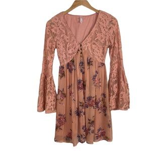 Xhilaration  Peach Floral and Lace V Neck Mini Dress